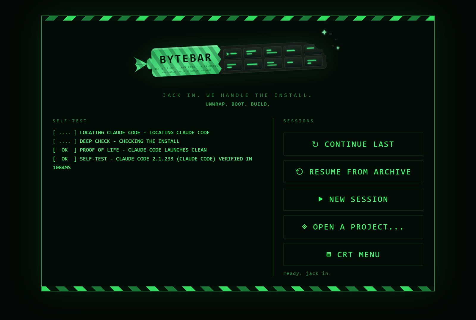 ByteBar's boot door running its self-test and verifying Claude Code
