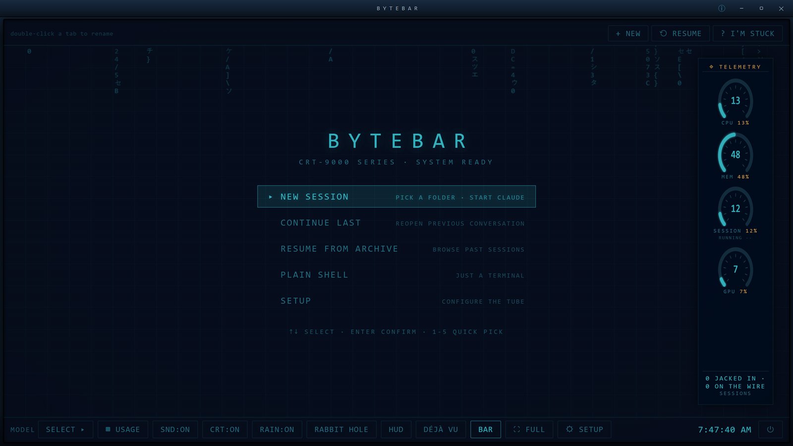 ByteBar boot menu in the HUD 2029 theme with live telemetry dials