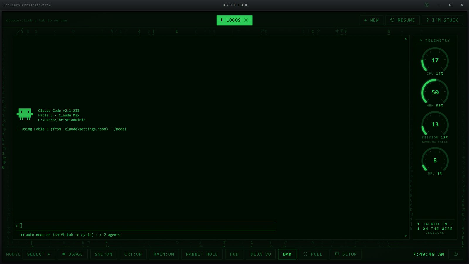 A live Claude Code session inside ByteBar's green phosphor tube